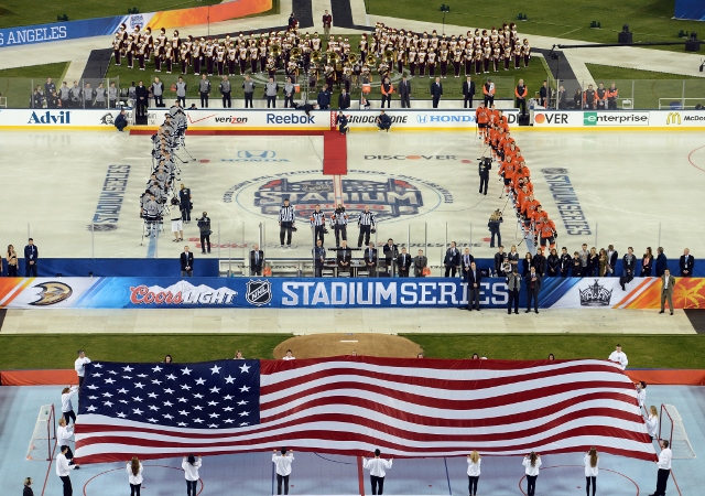 2014 Stadium Series Los Angeles: LA Kings, Anaheim Ducks Test Ice During  Practice – In Photos