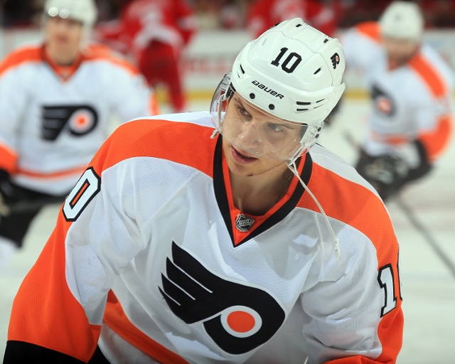 DETROIT, MI - DECEMBER 4: Brayden Schenn #10 of the Philadelphia Flyers skates in warm-ups prior to the NHL game against the Detroit Red Wings at Joe Louis Arena on December 4, 2013 in Detroit, Michigan. Philadelphia defeated Detroit 6-3 (Photo by Dave Re