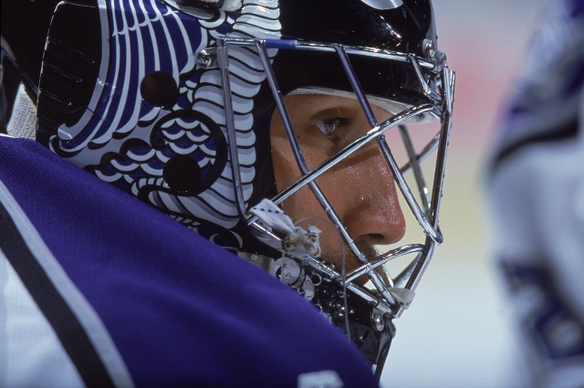 11 Nov 2000:  A close up of Goalie Jamie Storr #1 of the Los Angeles Kings as he looks on from the ice during the game against the Detroit Red Wings at the STAPLES Center in Los Angeles, California. The Red Wings tied the Kings 2-2.Mandatory Credit: Rober