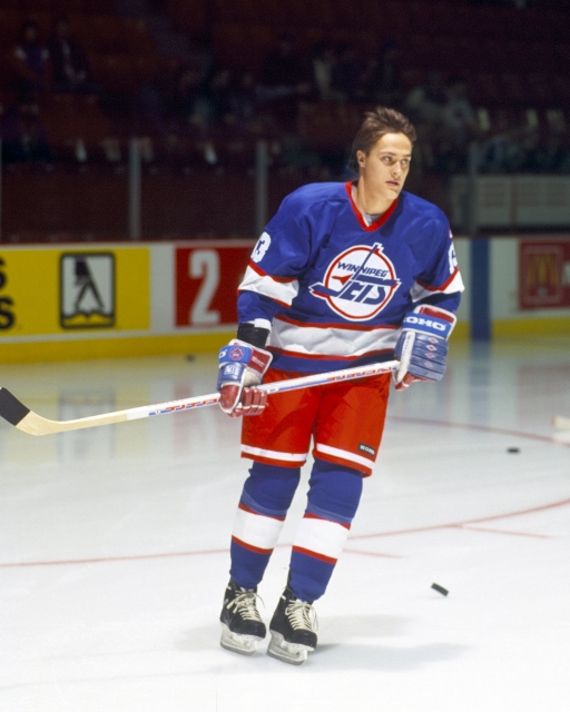 MONTREAL 1990's: Teemu Selanne #13 of the Winnipeg Jets practices prior to the game against the Montreal Canadiens in the early 1990's at the Montreal Forum in Montreal, Quebec, Canada. (Photo by Denis Brodeur/NHLI via Getty Images)