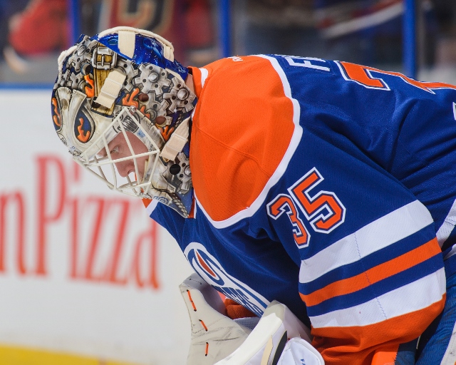EDMONTON, AB - MARCH 22: A view of the new mask of Viktor Fasth #35 of the Edmonton Oilers during warm-ups prior to an NHL game against the Calgary Flames at Rexall Place on March 22, 2014 in Edmonton, Alberta, Canada. (Photo by Derek Leung/Getty Images)