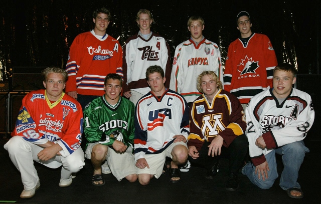 NASHVILLE, TN - JUNE 19:  Top NHL Draft prospects pose for a picture on stage in between concerts on June 19, 2003 at the Gaylord Entertainment Center in Nashville, Tennessee. Front row(L to R) Milan Michalek, Zach Parise, Ryan Suter, Thomas Vanek and Dus