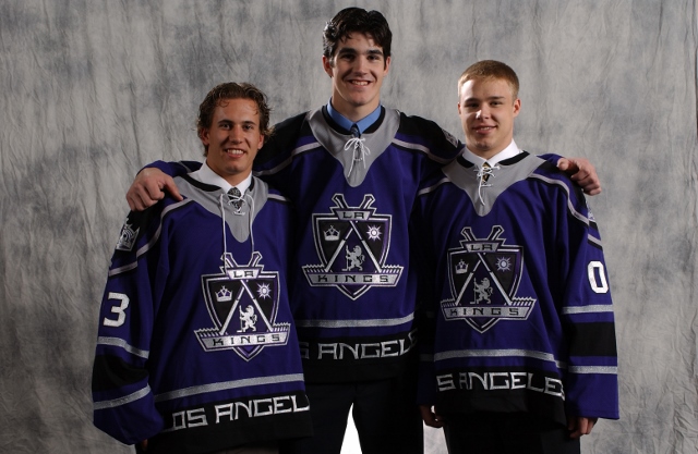 NASHVILLE, TN - JUNE 21:  Jeff Tambellini (#27 overall), Brian Boyle (#26 overall) and Dustin Brown (#13 overall) the Los Angeles Kings first round draft picks pose for a portrait after the 2003 NHL Entry Draft at the Gaylord Entertainment Center on June