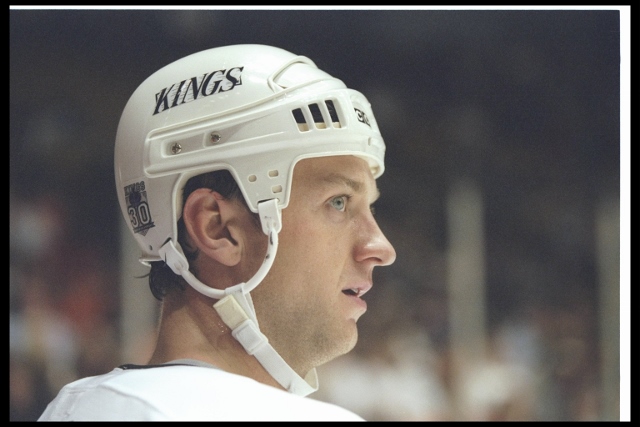 17 Oct 1996: Defenseman Rob Blake of the Los Angeles Kings looks on during a game against the Boston Bruins at the Great Western Forum in Inglewood, California. The Kings won the game, 4-2.