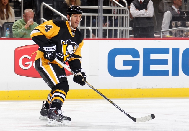 PITTSBURGH, PA - OCTOBER 22:  Rob Scuderi #4 of the Pittsburgh Penguins skates against the Philadelphia Flyers at Consol Energy Center on October 22, 2014 in Pittsburgh, Pennsylvania.  (Photo by Gregory Shamus/NHLI via Getty Images) *** Local Caption ***R