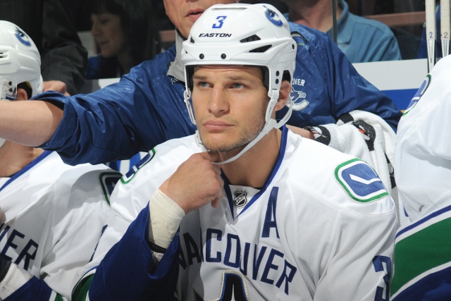 EDMONTON, AB - OCTOBER 17: Kevin Bieksa #3 of the Vancouver Canucks prepares for a game against the Edmonton Oilers on October 17, 2014 at Rexall Place in Edmonton, Alberta, Canada. (Photo by Andy Devlin/NHLI via Getty Images) *** Local Caption *** Kevin