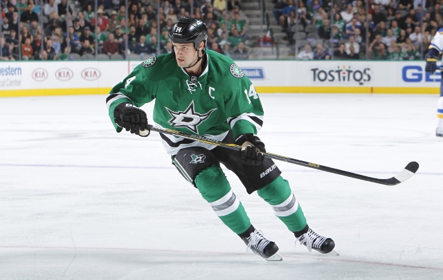 DALLAS, TX - OCTOBER 28: Jamie Benn #14 of the Dallas Stars skates against the St. Louis Blues at the American Airlines Center on October 28, 2014 in Dallas, Texas. (Photo by Glenn James/NHLI via Getty Images)