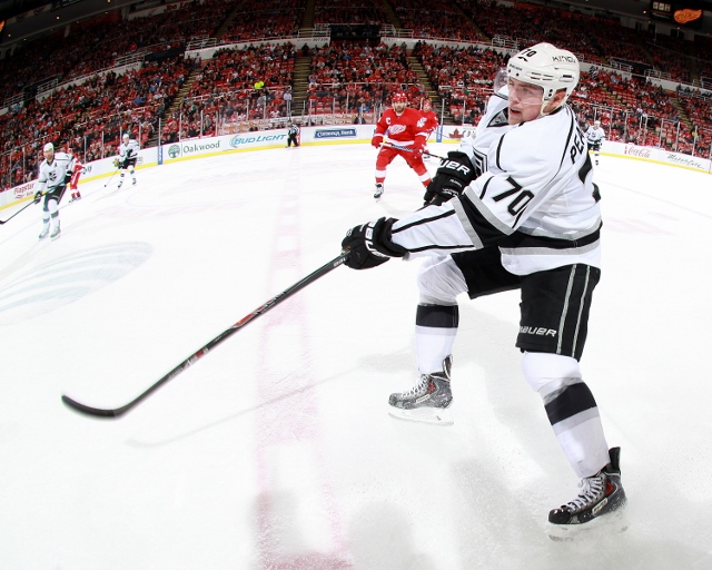 DETROIT, MI - OCTOBER 31: Tanner Pearson #70 of the Los Angeles Kings shoots the puck against the Detroit Red Wings during a NHL game on October 31, 2014 at Joe Louis Arena in Detroit, Michigan. The Wings defeated the Kings 5-2. (Dave Reginek/NHLI via Get