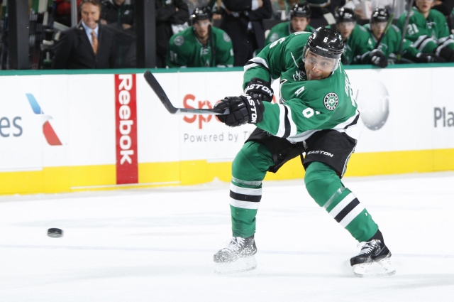 DALLAS, TX - OCTOBER 31: Trevor Daley #6 of the Dallas Stars blasts a shot on goal against the Anaheim Ducks at the American Airlines Center on October 31, 2014 in Dallas, Texas. (Photo by Glenn James/NHLI via Getty Images)