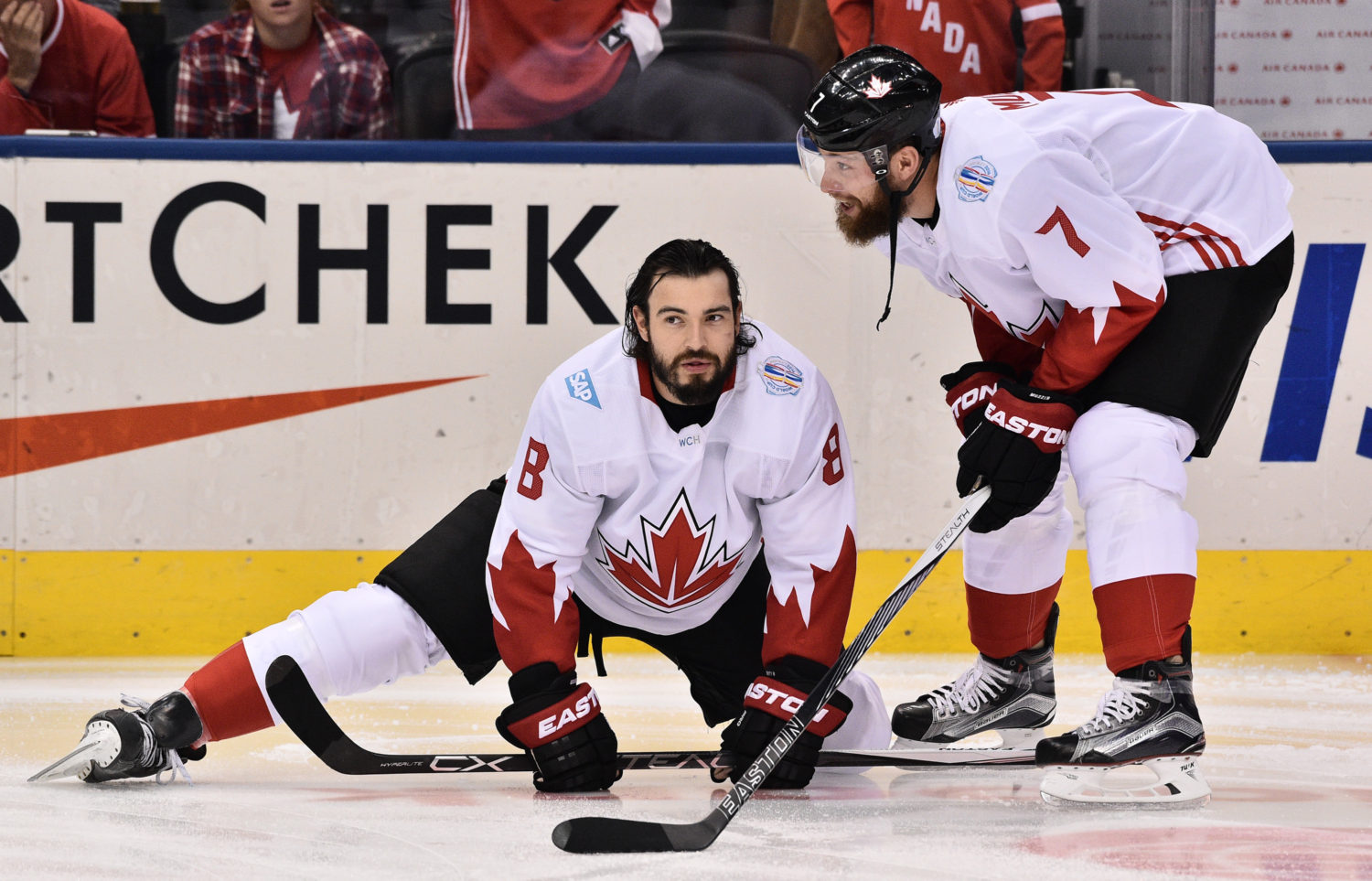 TORONTO, ON - SEPTEMBER 29: Drew Doughty #8 and Jake Muzzin #7 of Team Canada have a chat during warm up prior to Game Two of the World Cup of Hockey 2016 final series at the Air Canada Centre on September 29, 2016 in Toronto, Canada. (Photo by Minas Panagiotakis/World Cup of Hockey via Getty Images)