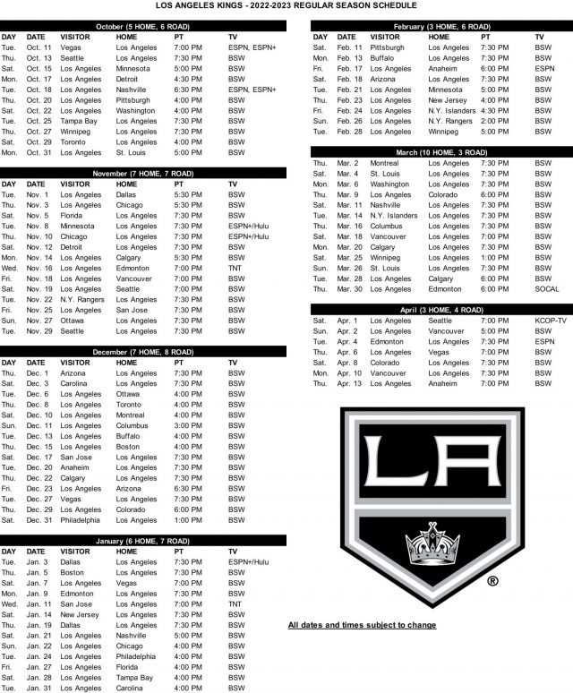 Los Angeles Kings Schedule 2022-2023 - The Daily Goal Horn