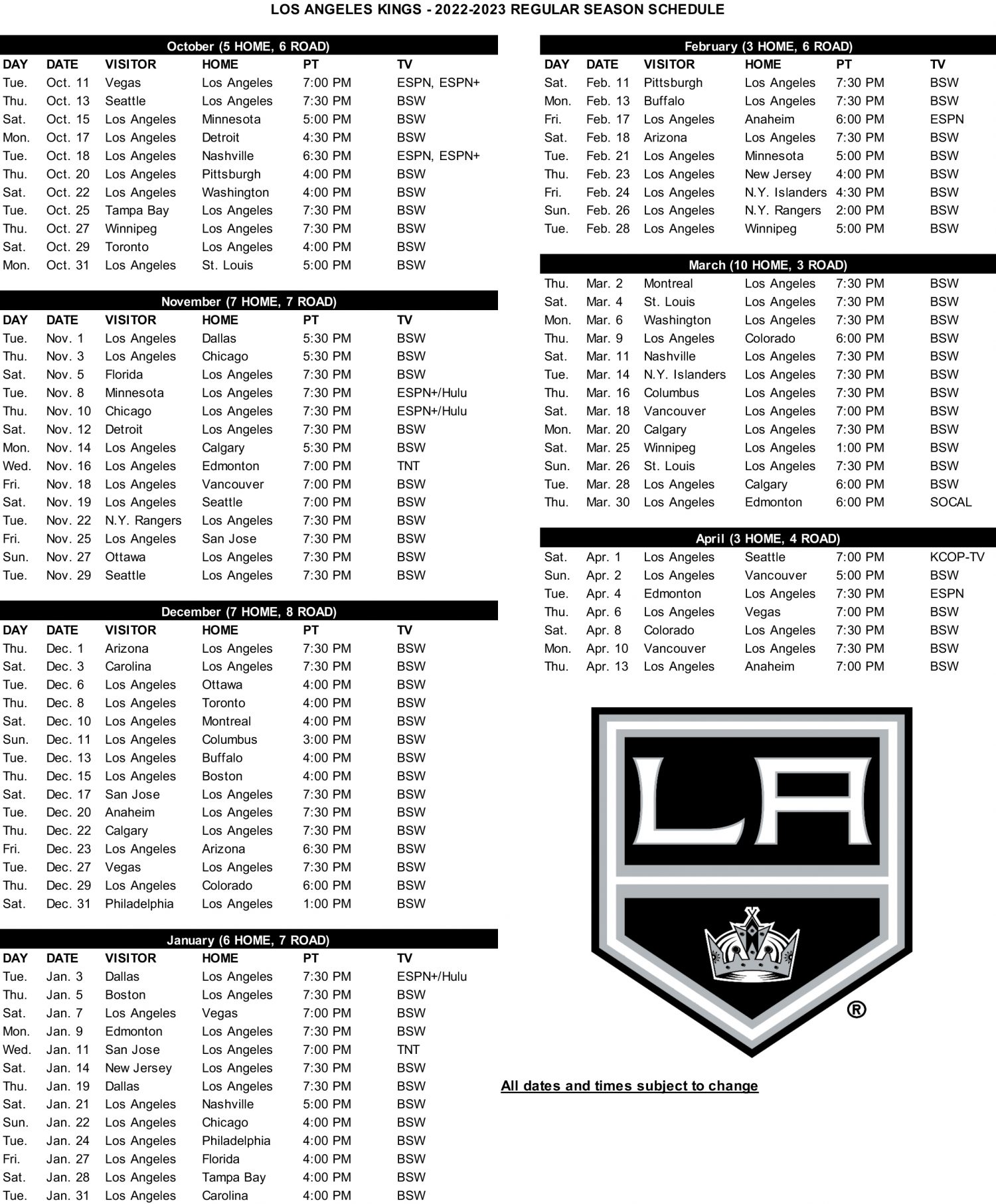 2022-23 Kings broadcast schedule, including 73 regular-season games w/ Bally Sports West - LA