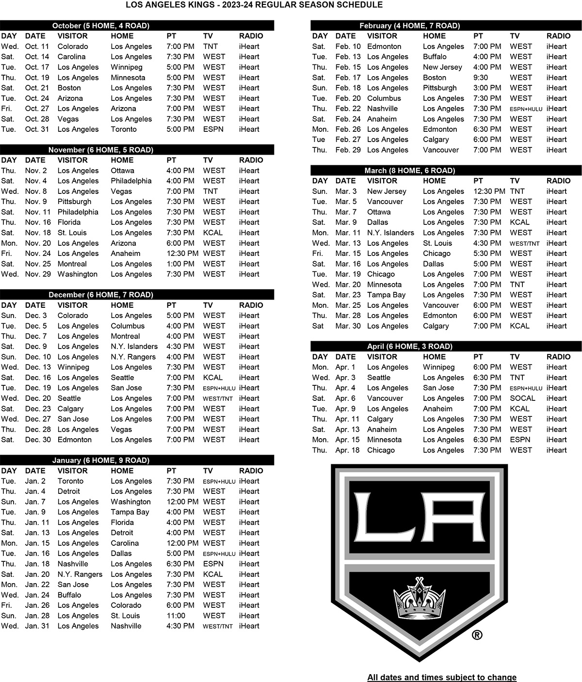 Kings Announce Local TV Schedule For 202324 Season LA Kings Insider